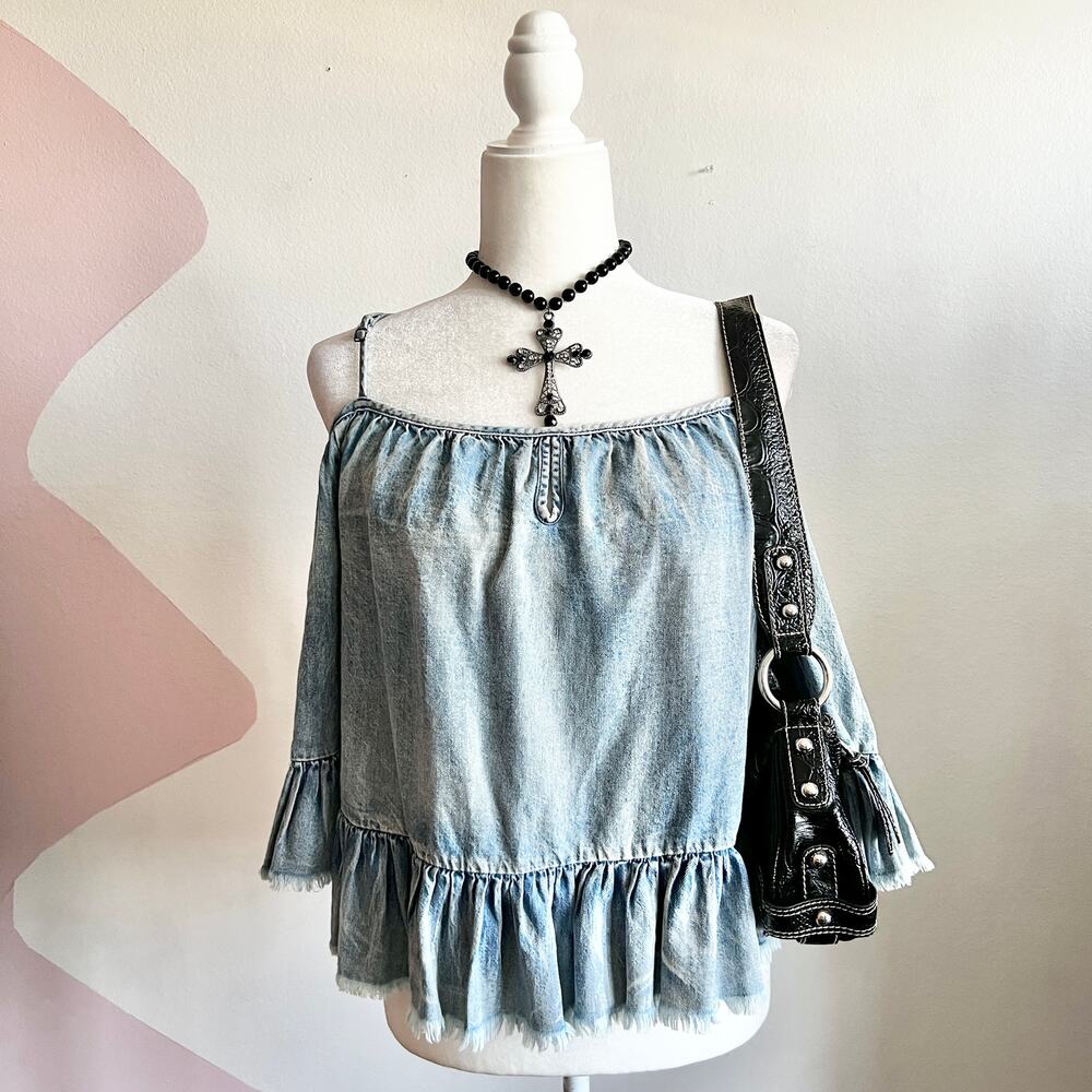 Denim Bell Sleeve Top, Vintage 70s Boho Cottagecore Retro Festival Small